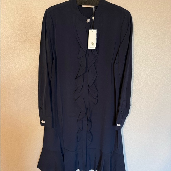 NWT Tory Burch Jane Ruffle Crepe Shirt Dress, Navy Blue, Luxury, size 12 - Picture 7 of 10